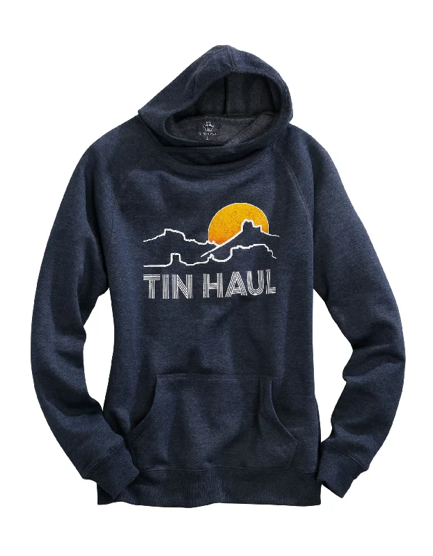 WOMENS SUNSET MOUNTAIN SCREEN PRINT HOODIE NAVY SWEATSHIRT