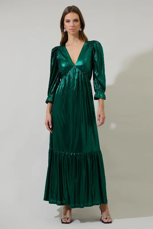 Amberly Metallic Mayrel Pleated Maxi Dress