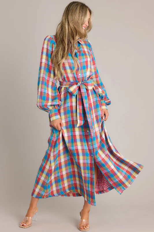 Closing That Door Blue Multi Plaid Maxi Dress