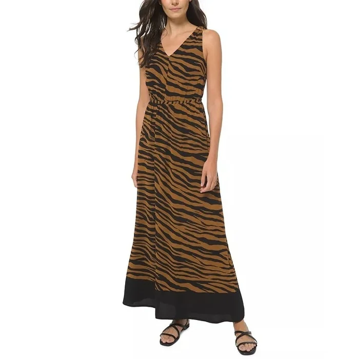 Michael Kors Women's Embellished Zebra-Print Maxi Dress Brown Size XS - X-Small