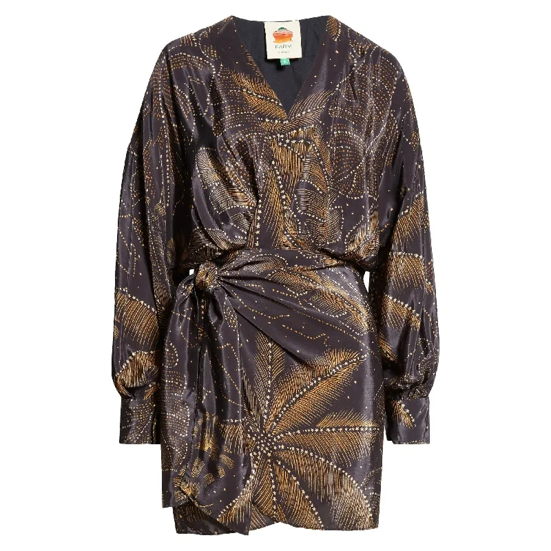 Farm Rio Womens Puffy Sleeve Mini Dress Golden Foliage Black