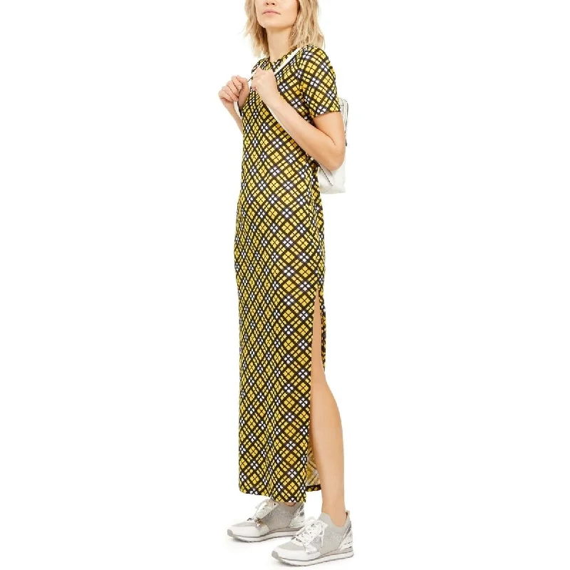 Michael Kors Women's Yellow Plaid Short Sleeve Maxi Shift Dress Yellow Size Small