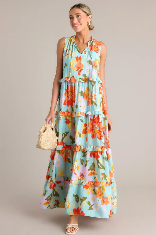 Blossom Breeze Sky Blue Multi Floral Maxi Dress