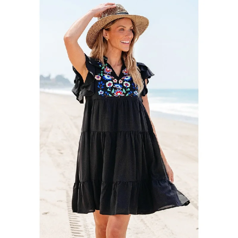 Veda Floral Embroidered Tiered Ruffled Mini Dress