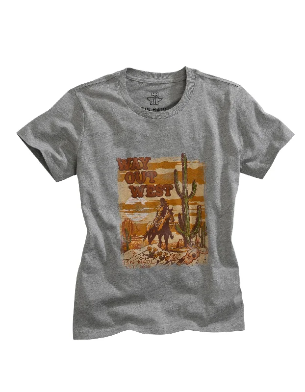 WOMENS WAY OUT WEST DESERT SCENERY SCREEN PRINT GREY SHORT SLEEVE T-SHIRT