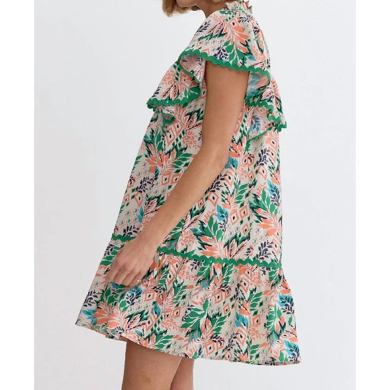 Entro - Leaf Print V-Neck Mini Dress