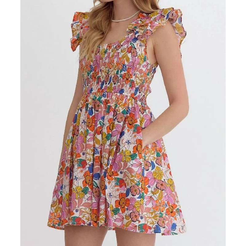 Entro - Blooming Beauty Mini Dress With Ruffle Detail And Smocked Bodice