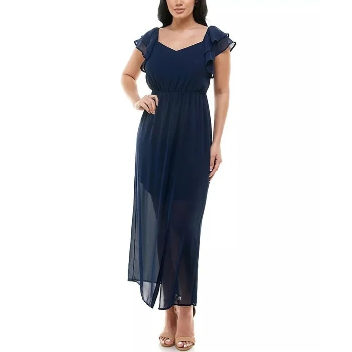 Monteau Women's Petite Flutter-Sleeve Maxi Dress Navy Size X-Large - XL