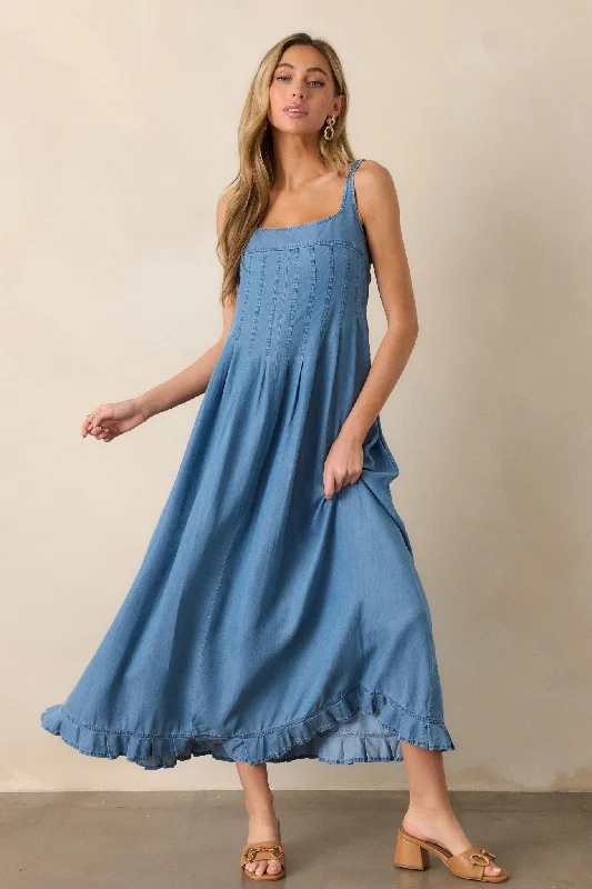 Cascading Echoes Blue Chambray Maxi Dress