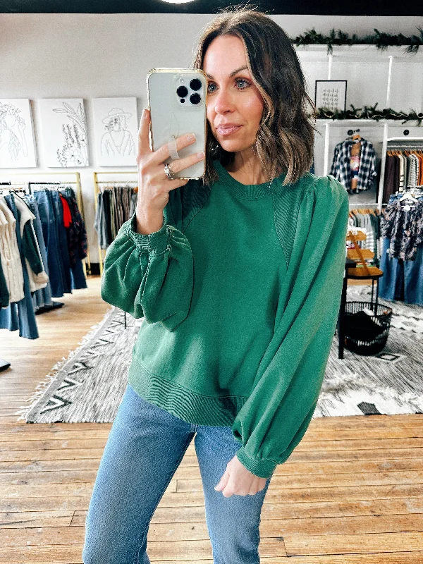 Forest Green Puff Shoulder Sweatshirt