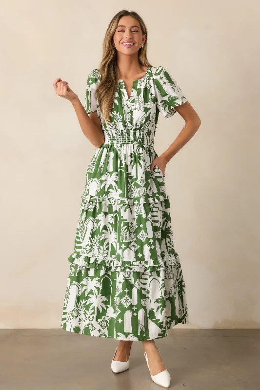 Island Glow 100% Cotton Green Tropical Palm Print Maxi Dress