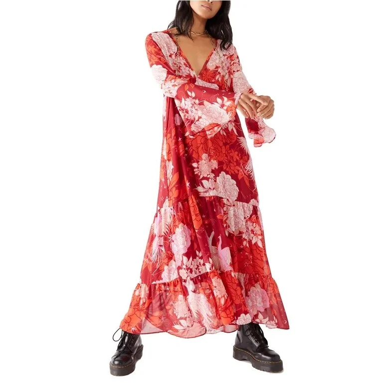 Free People Women's Moroccan Roll Floral Long Sleeve Maxi Dress In Pop Red Size Small