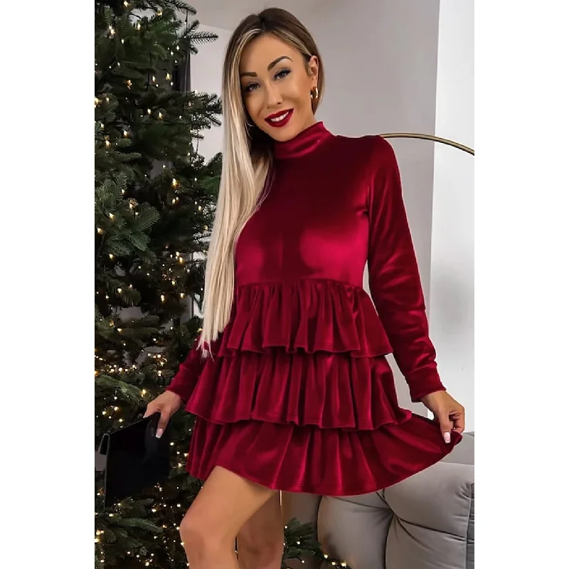 Racing Red Velvet High Neck Tiered Ruffle Mini Dress