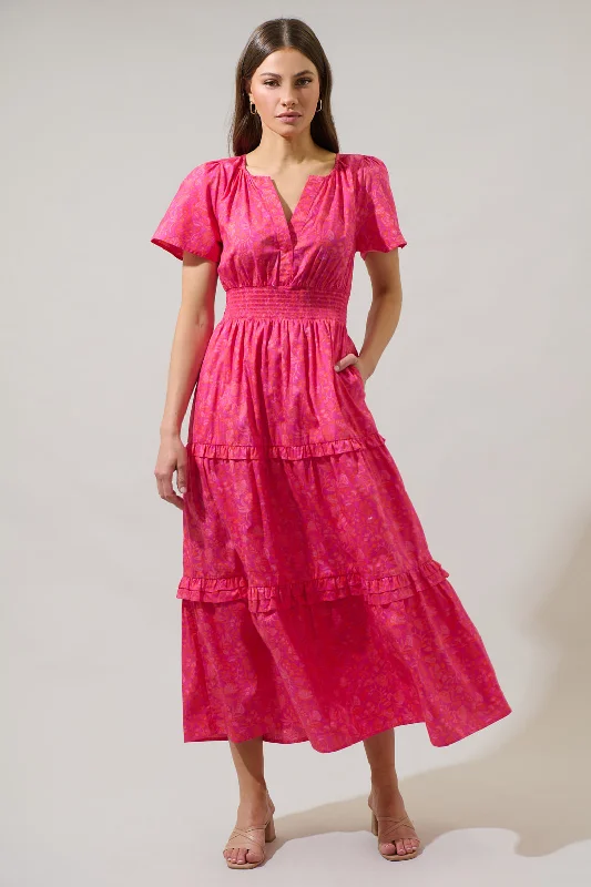 Cerise Floral Palmer Poplin Tiered Maxi Dress