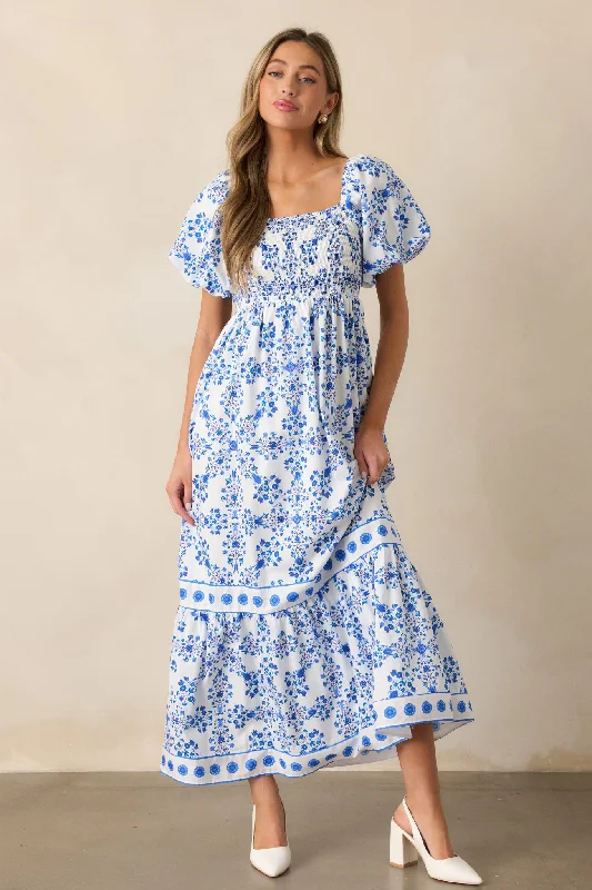 Rosewater Skies 100% Cotton Royal Blue Floral Maxi Dress