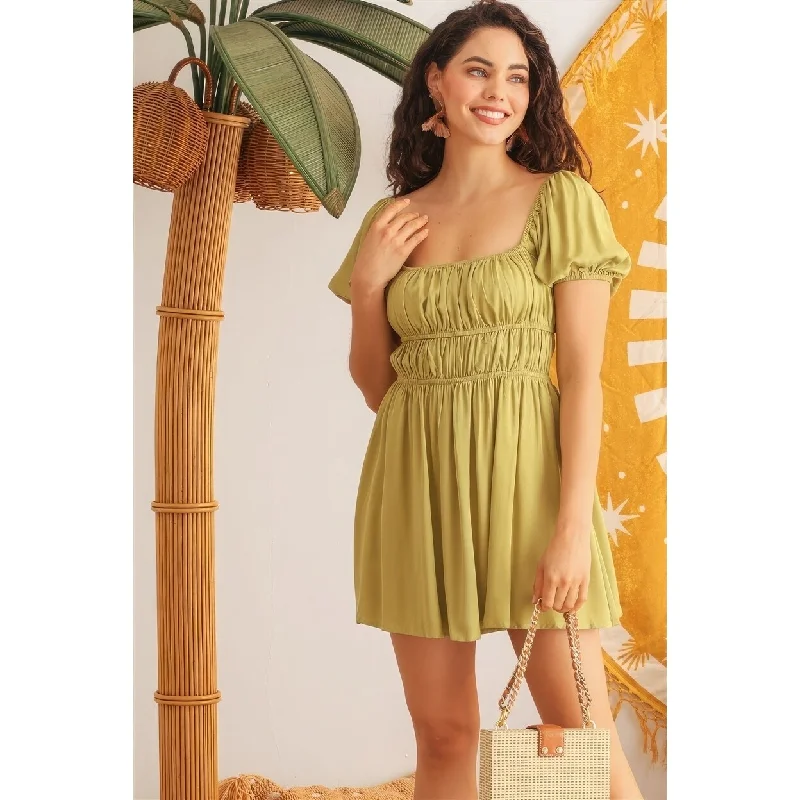 Light Green Woven Puff Short Sleeve Open Back Flare Mini Dress