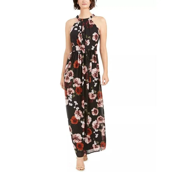 INC Women's Floral-Print Halter Maxi Dress Black Size 6