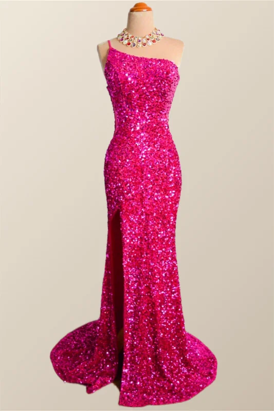 One Shoulder Fuchsia Sequin Mermaid Long Party Dress