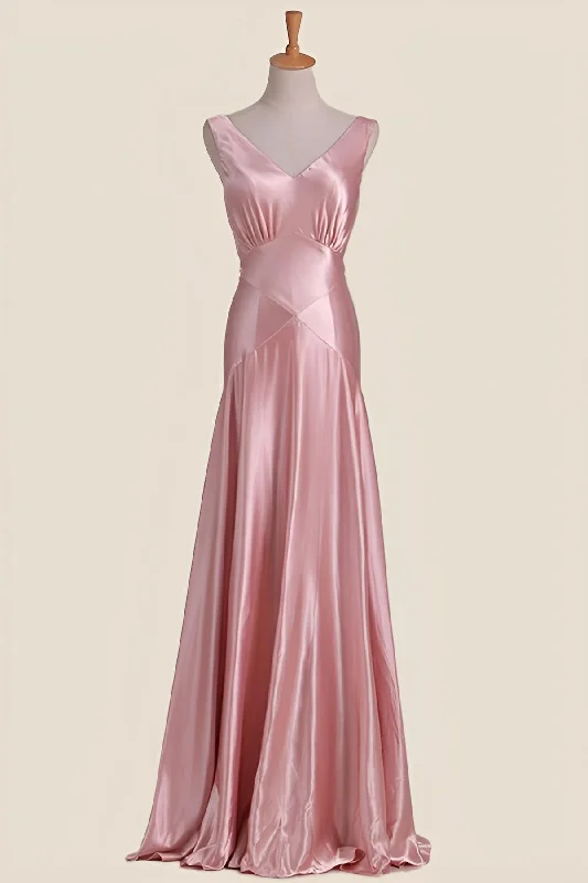 Pink V Neck Sheath Long Party Dress