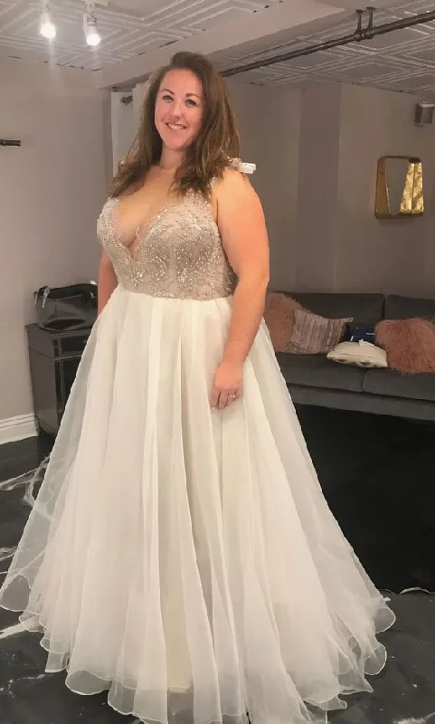 Elegant V-neckline Beaded Plus Size Wedding Dress