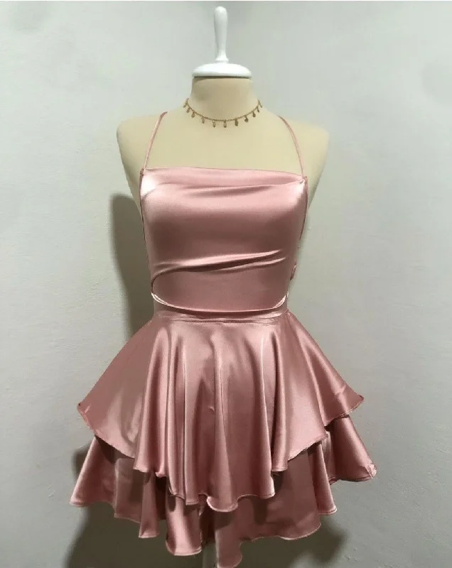 Lovely Pink Straps A-Line Satin Short Party Dress Homecoming Dress MD7466