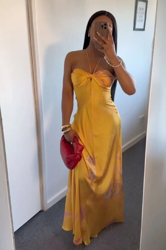 Yellow A-Line Halter Satin Long Party Dress Wedding Guest Dress, D187