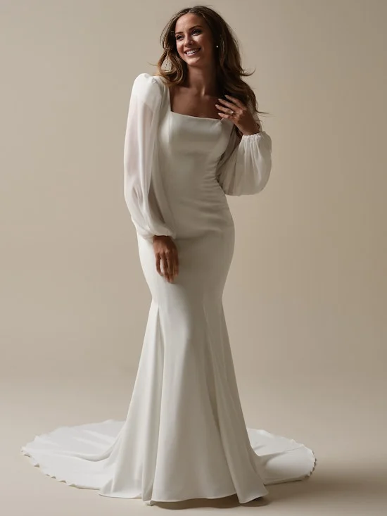 Simple square neck tight crepe and floor length wedding dress