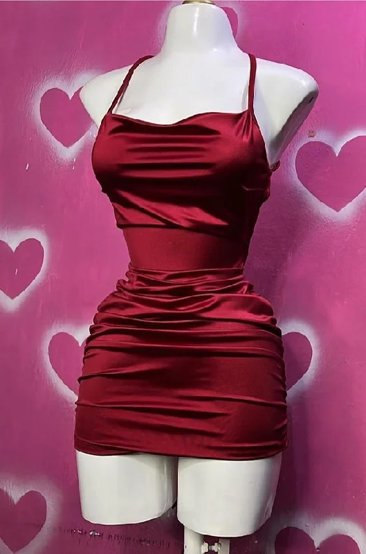 Wine Red Straps Sheath Satin Short Party Dress Homecoming Dress, MD7874