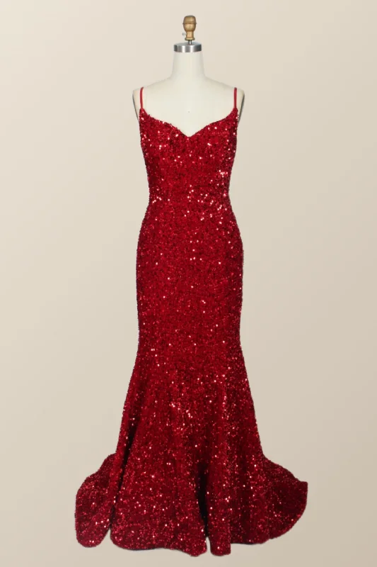 Straps Red Sequin Mermaid Long Party Dress