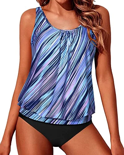 Soft Push Up Bra Cups Blouson Tankini Swimsuits For Women-Blue And Black Stripe