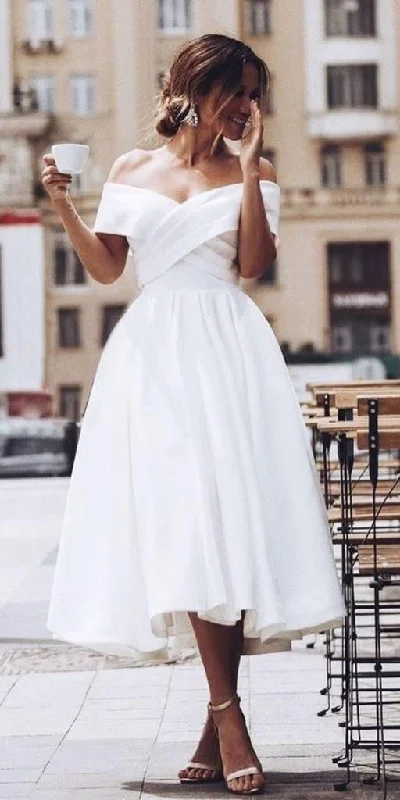 Tea Length Off Shoulder Sleeve Wedding Dress