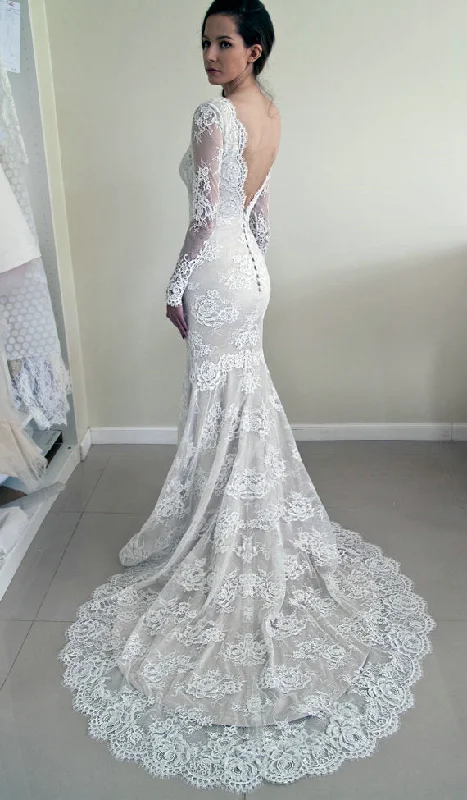 Mermaid Long Sleeve Lace Deep V-back Wedding Dress