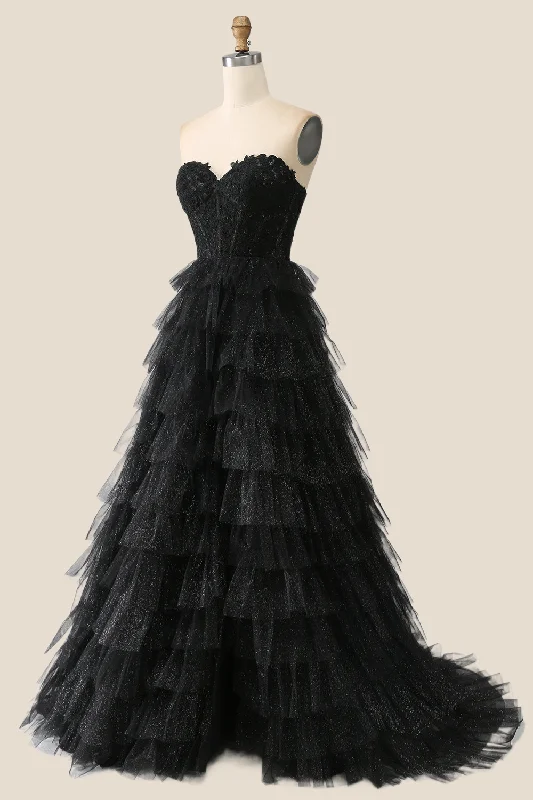 Black Appliques Tulle Tiered Ruffles Long Party Dress