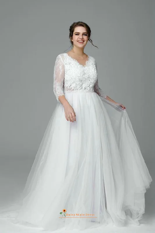 Long Sleeve Illusion Lace Plus Size Wedding Dress