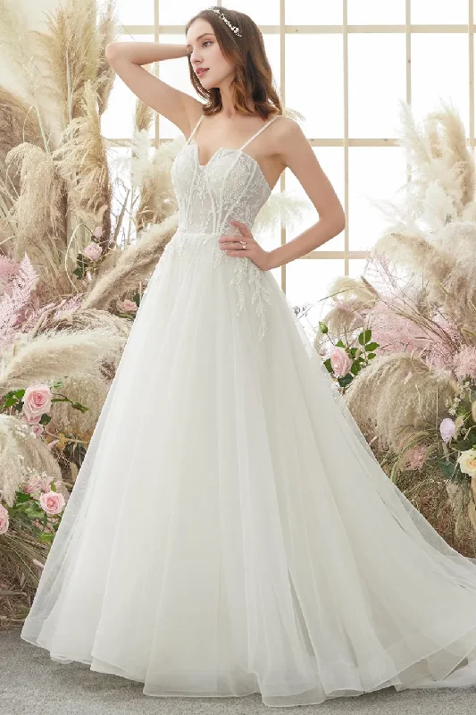 Ivory thin shoulder strap sheer and floor length wedding dress