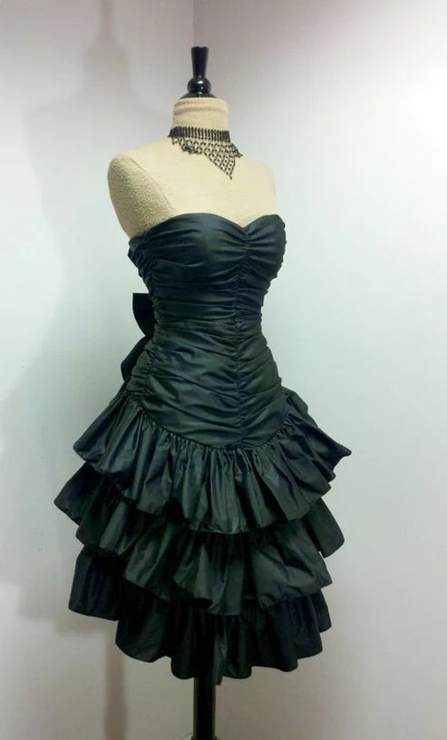 Black Vintage Short Party Dress Strapless Ruffles Homecoming Dress, MD7898