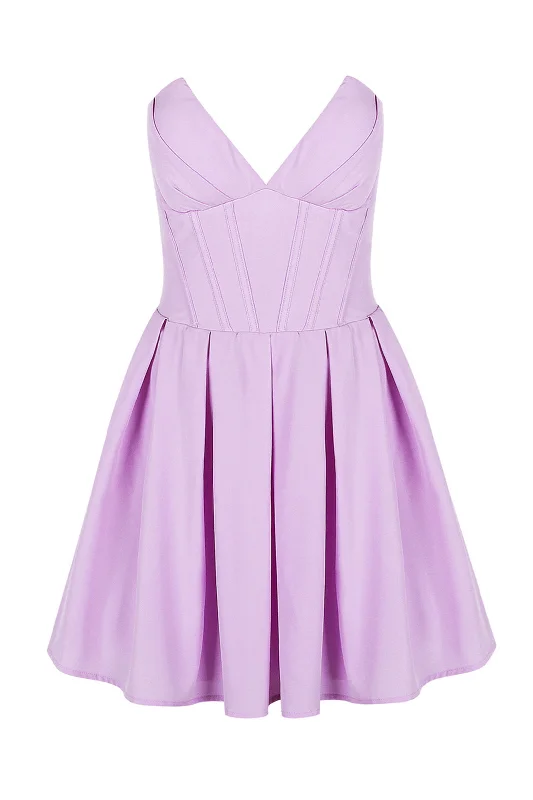 V-neck Lavender Pleated Short Party Dress