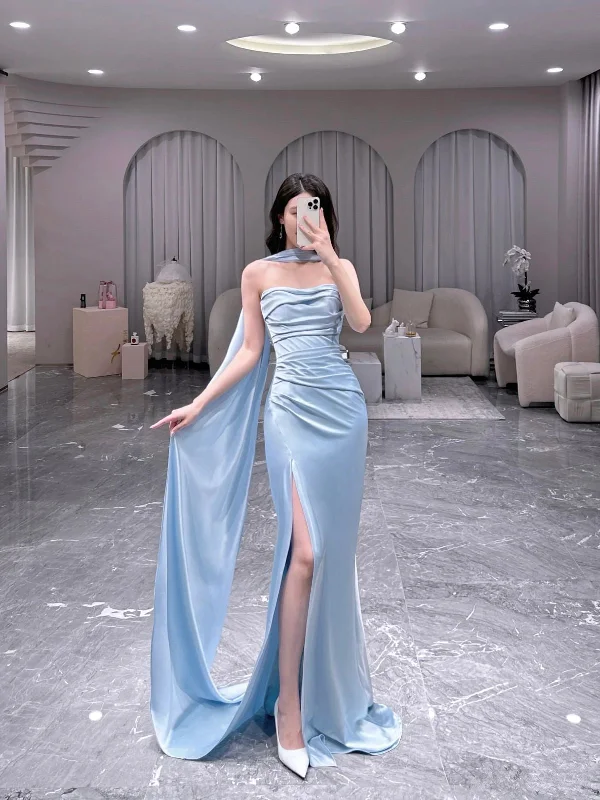 Light Blue Strapless Sheath Satin Long Evening Party Dress, D202