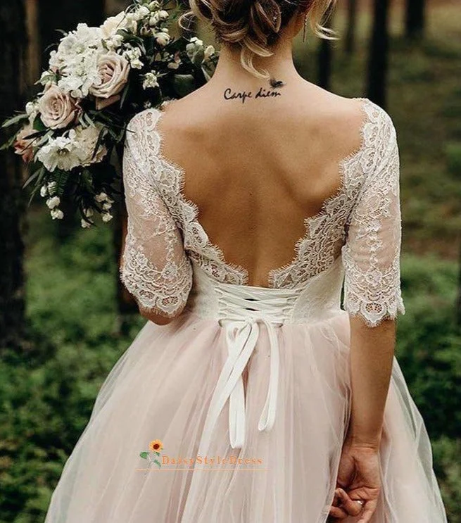 Simple Half Sleeve Blush Pink Wedding Dress