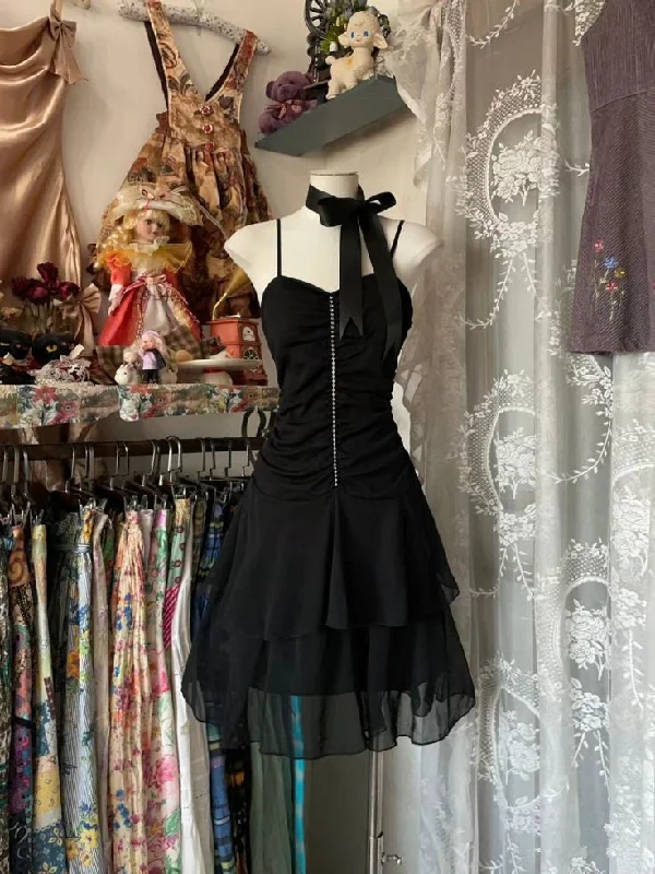 Black Straps A-Line Chiffon Short Party Dress Homecoming Dress, D115