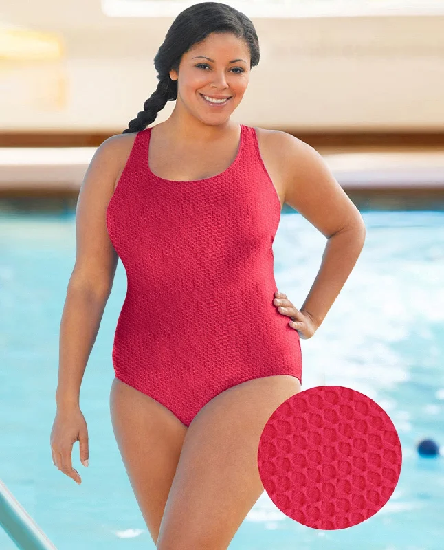 CHLORINE RESISTANT AQUAMORE SOLID TEXTURED SCOOP NECK PLUS SIZE SWIMSUIT