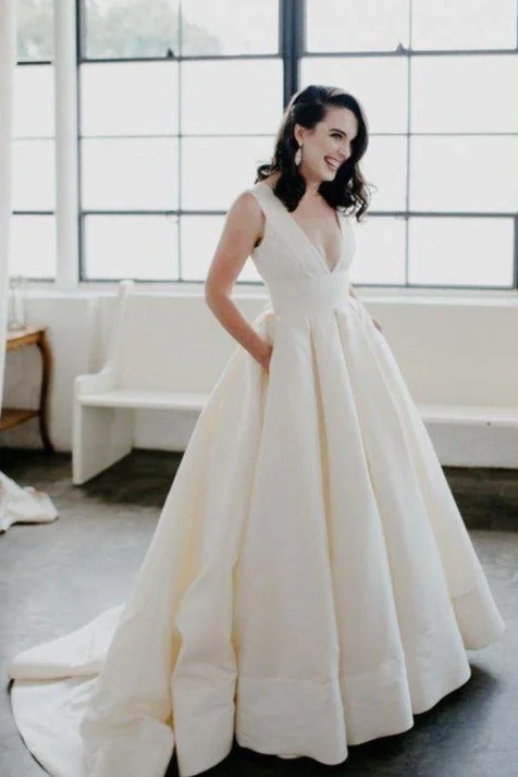 Elegant V-neckline Ivory Wedding Dress with Pocket