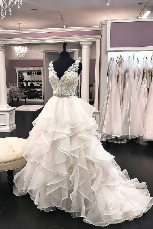 Ball Gown V-neckline Ivory Organza Wedding Dress