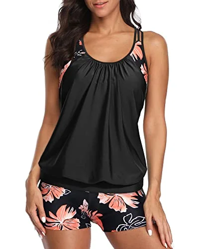 Sporty Tummy Control Boyshorts Tankini Swim Top Athletic Two Piece Swimsuits-Black Floral