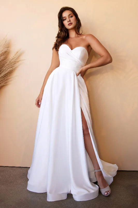 Off white satin strapless and floor length wedding dress