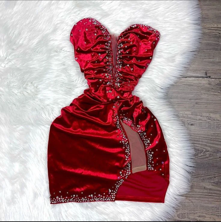 Wine Red Sweetheart Beads Velvet Short Party Dress Homecoming Dress, MD7879