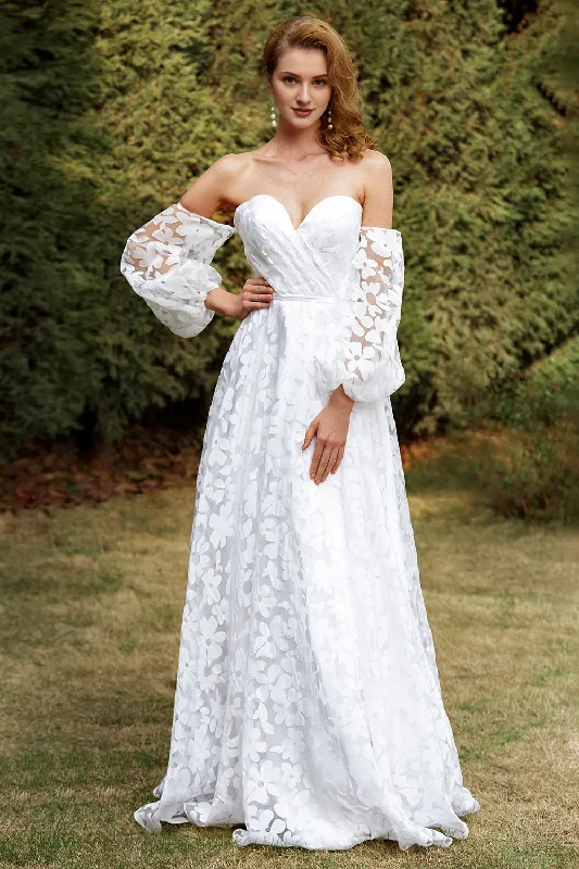 White organza off shoulder and floor length wedding dress