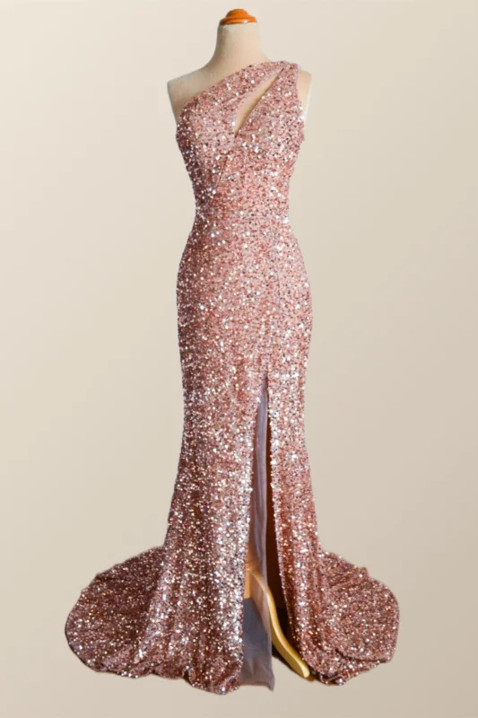 One Shoulder Rose Gold Sequin Mermaid Long Party Dress