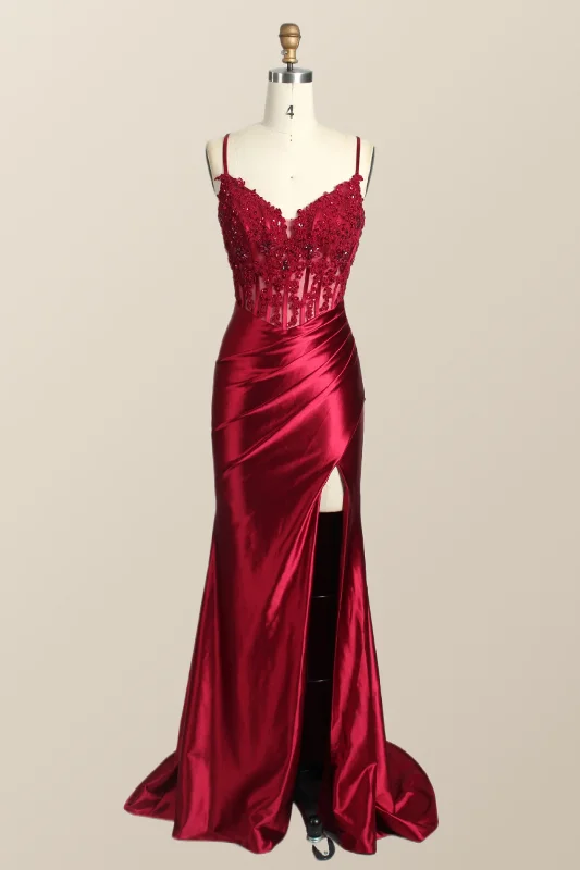 Straps Red Appliques Mermaid Ruched Long Party Dress