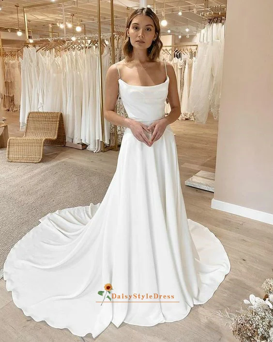 Square Neckline Summer Ivory Soft Satin Wedding Dress